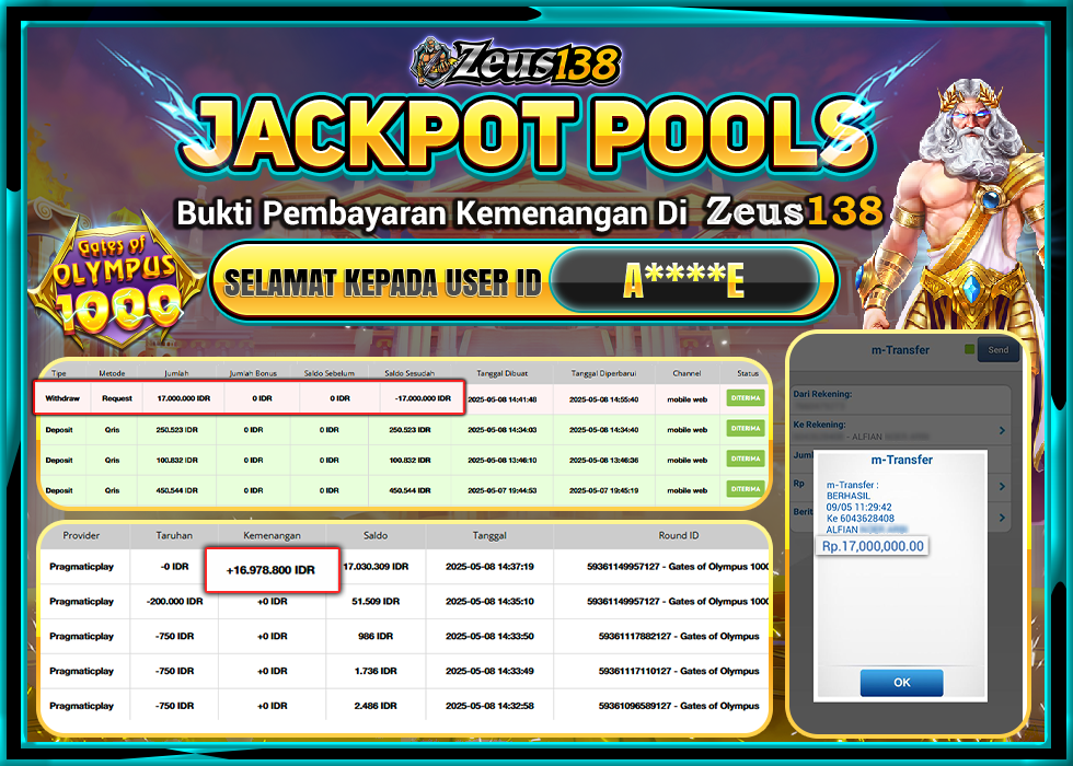 ZEUS138 GATES OF OLYMPUS 1000 Rp.17.000.000,-